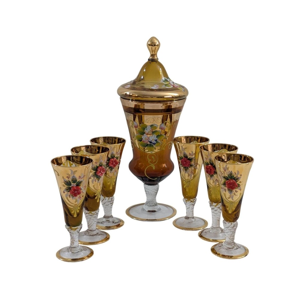 Murano Amber Glass Tre Fuochi Gold Overlay Decanter & 6 Cordial Glasses Set